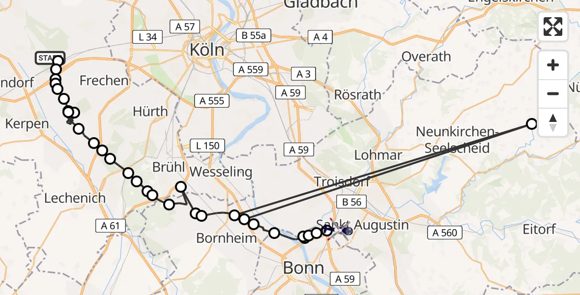 Flugroute Polizeihubschrauber Frechen - Sankt Augustin, 19 Februar 2026, 10:17