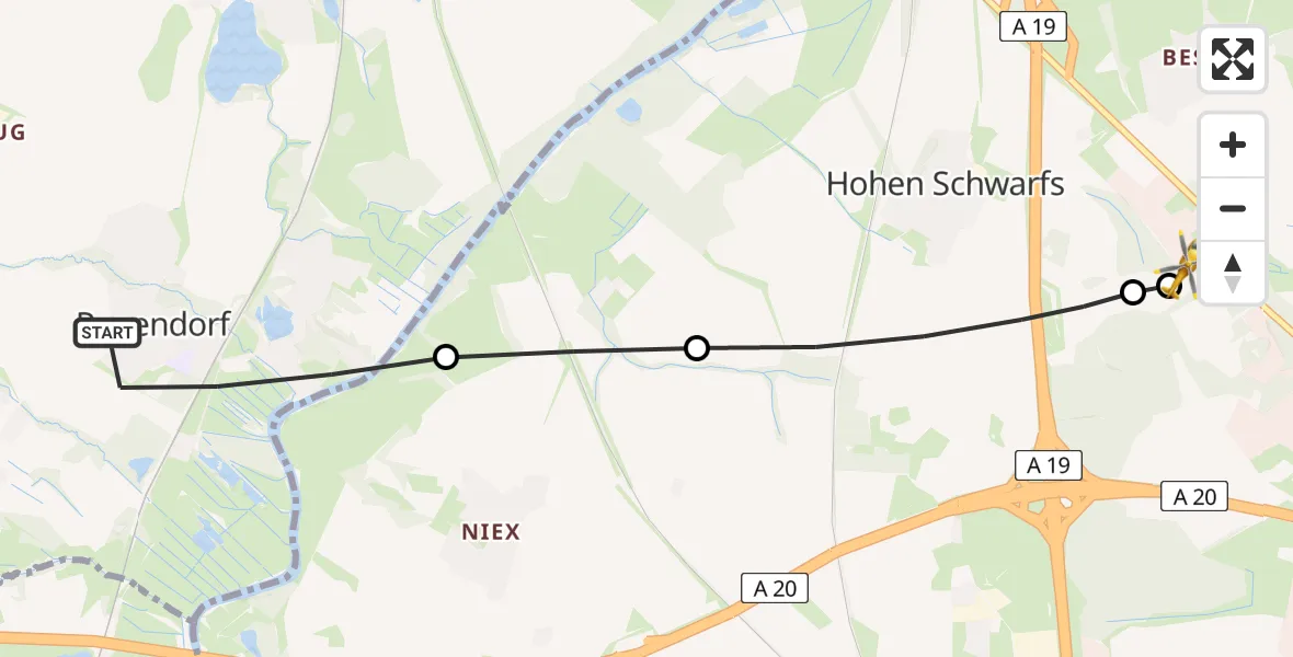 Flugroute Ambulanzhubschrauber Papendorf - Hohen Schwarfs, 19 Februar 2026, 10:23