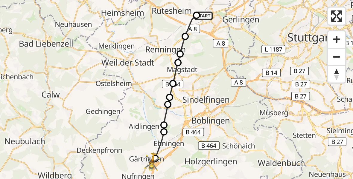 Flugroute Rettungshubschrauber Leonberg Hospital Heliport - Gärtringen, 19 Februar 2026, 10:28