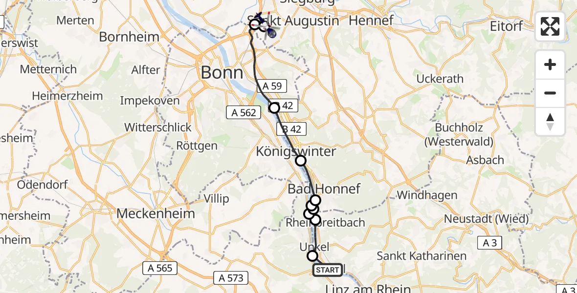 Flugroute Polizeihubschrauber Erpel - Sankt Augustin, 19 Februar 2026, 10:30