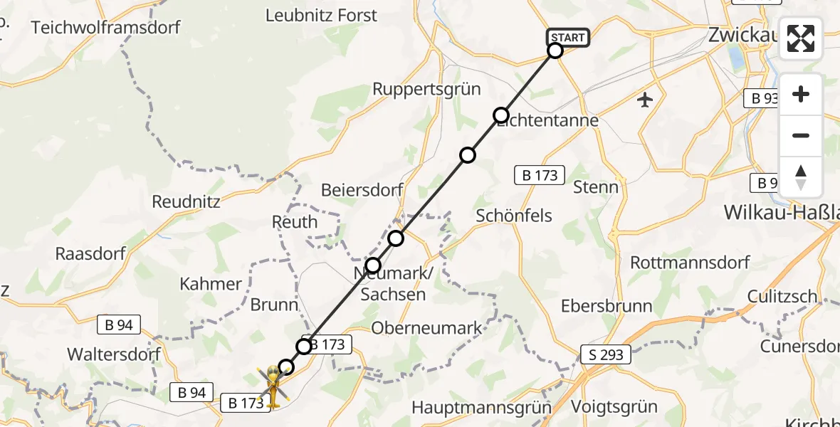 Flugroute Rettungshubschrauber ADAC Air Rescue Station Zwickau Heliport - Reichenbach, 19 Februar 2026, 10:41