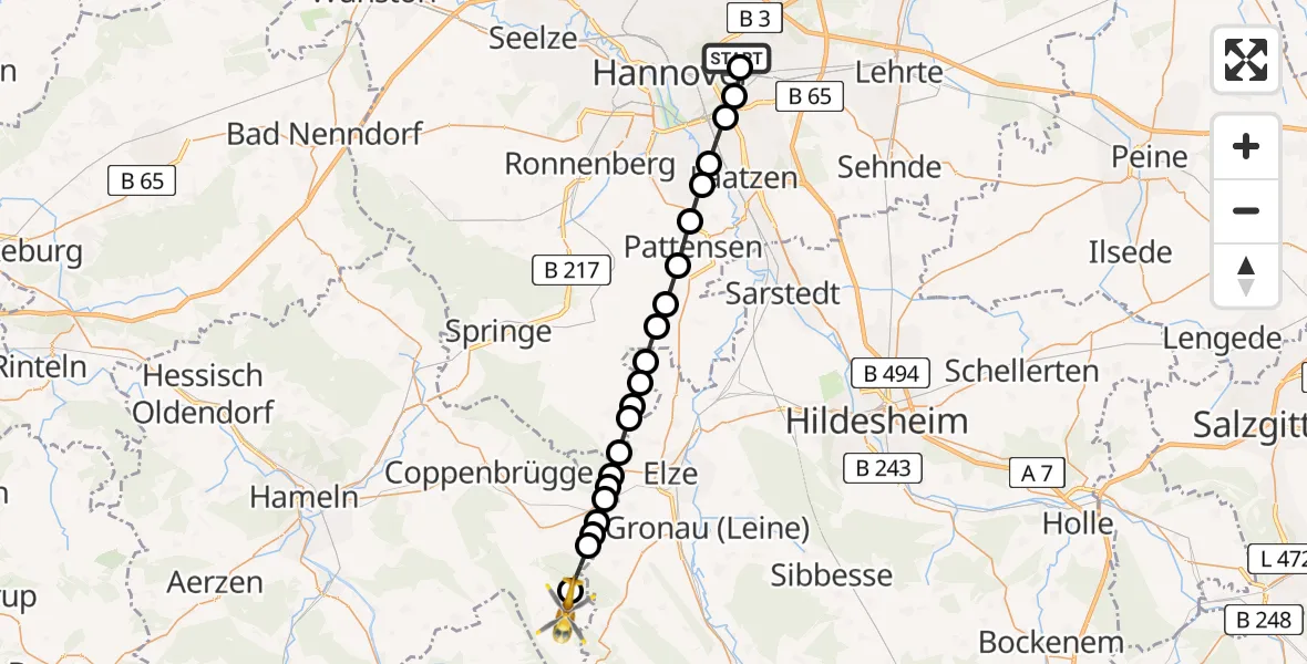 Flugroute Rettungshubschrauber Hannover Air Rescue Heliport (Christoph 4) - Thüste, 19 Februar 2026, 10:47