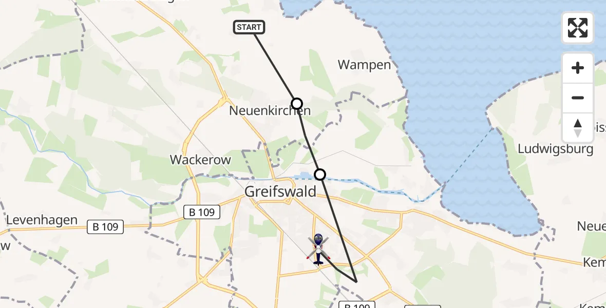 Flugroute Polizeihubschrauber Neuenkirchen - Greifswald, 19 Februar 2026, 10:49