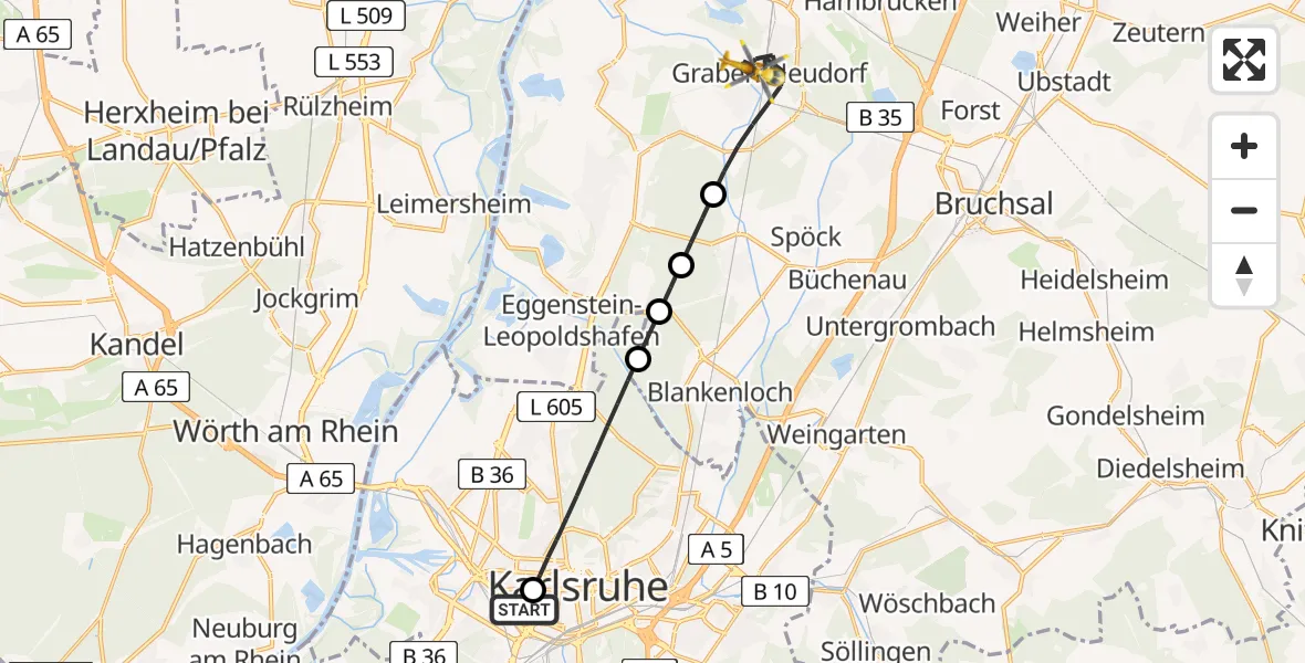 Routekaart van de vlucht: Rettungshubschrauber nach Graben-Neudorf, Fichtestraße
