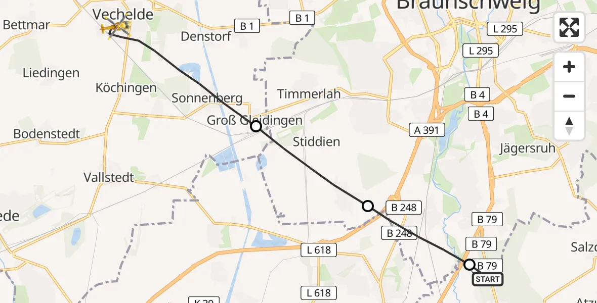 Flugroute Rettungshubschrauber Wolfenbüttel - Vechelde, 19 Februar 2026, 11:04