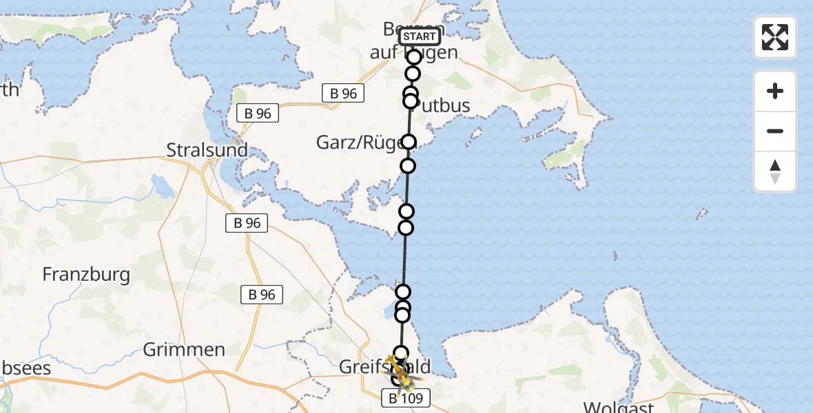 Flugroute Rettungshubschrauber Bergen auf Rügen - Greifswald Hospital Heliport, 19 Februar 2026, 11:04