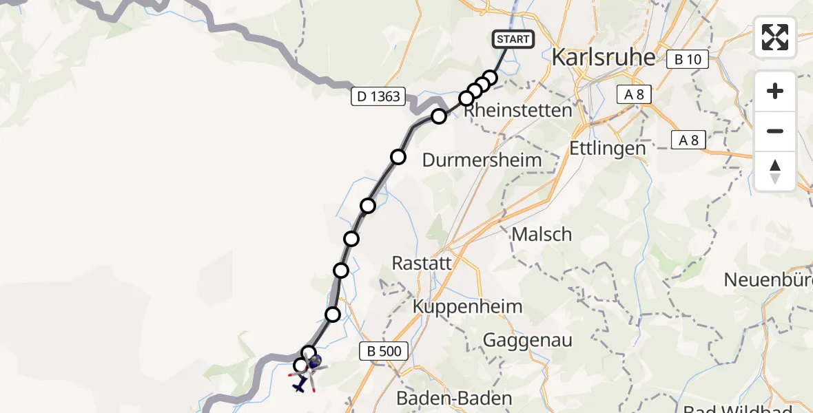 Routekaart van de vlucht: Polizeihubschrauber nach Karlsruhe Baden-Baden Airport