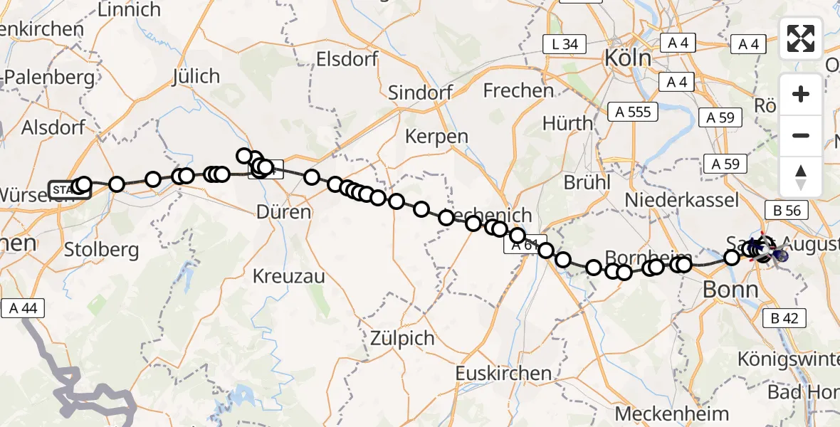 Flugroute Polizeihubschrauber Aachen-Merzbrück Airport - Sankt Augustin, 19 Februar 2026, 11:06