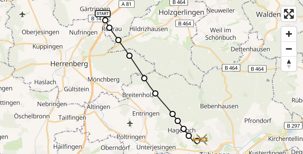Routekaart van de vlucht: Rettungshubschrauber nach Tübingen Trauma Hospital Helipad