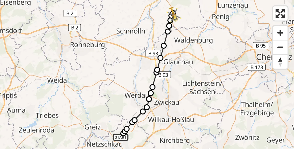 Flugroute Rettungshubschrauber Reichenbach - Nirkendorf, 19 Februar 2026, 11:10