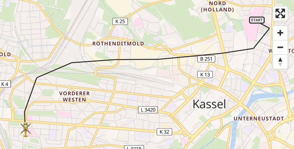Routekaart van de vlucht: Rettungshubschrauber nach Kassel, Hansteinstraße