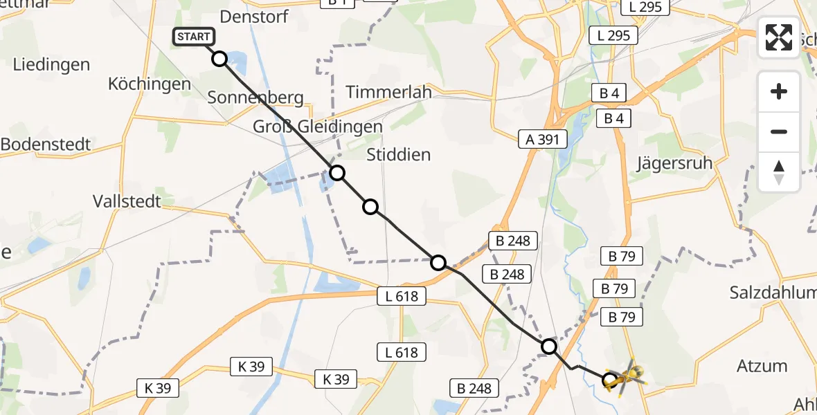 Routekaart van de vlucht: Rettungshubschrauber nach Wolfenbüttel Municipal Hospital Heliport (Christoph 30)