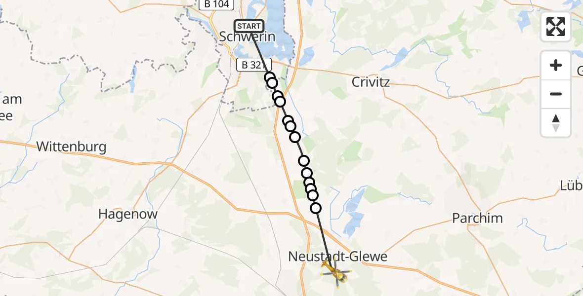 Flugroute Ambulanzhubschrauber Schwerin - Neustadt-Glewe, 19 Februar 2026, 11:27