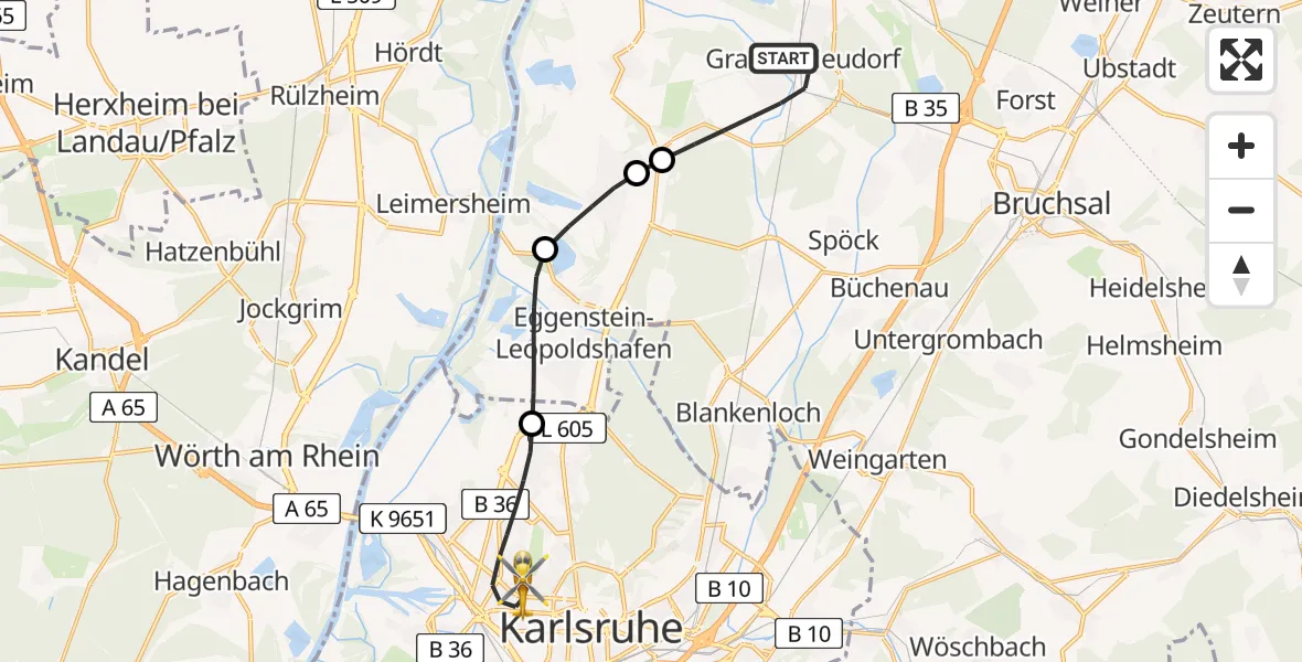Flugroute Rettungshubschrauber Graben-Neudorf - Karlsruhe, 19 Februar 2026, 11:29