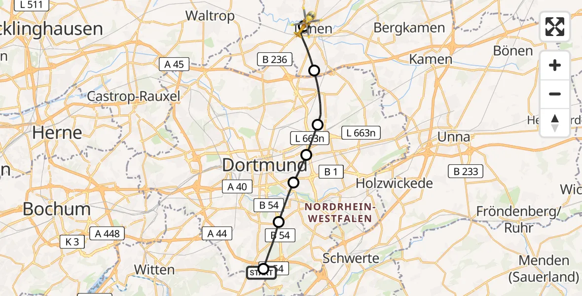 Flugroute Rettungshubschrauber Herdecke - Sankt Marien Hospital Heliport, 19 Februar 2026, 11:30