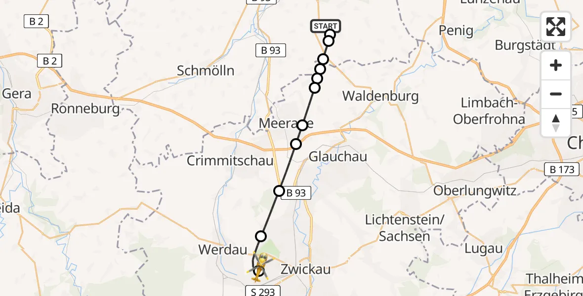 Flugroute Rettungshubschrauber Nirkendorf - ADAC Air Rescue Station Zwickau Heliport, 19 Februar 2026, 11:52