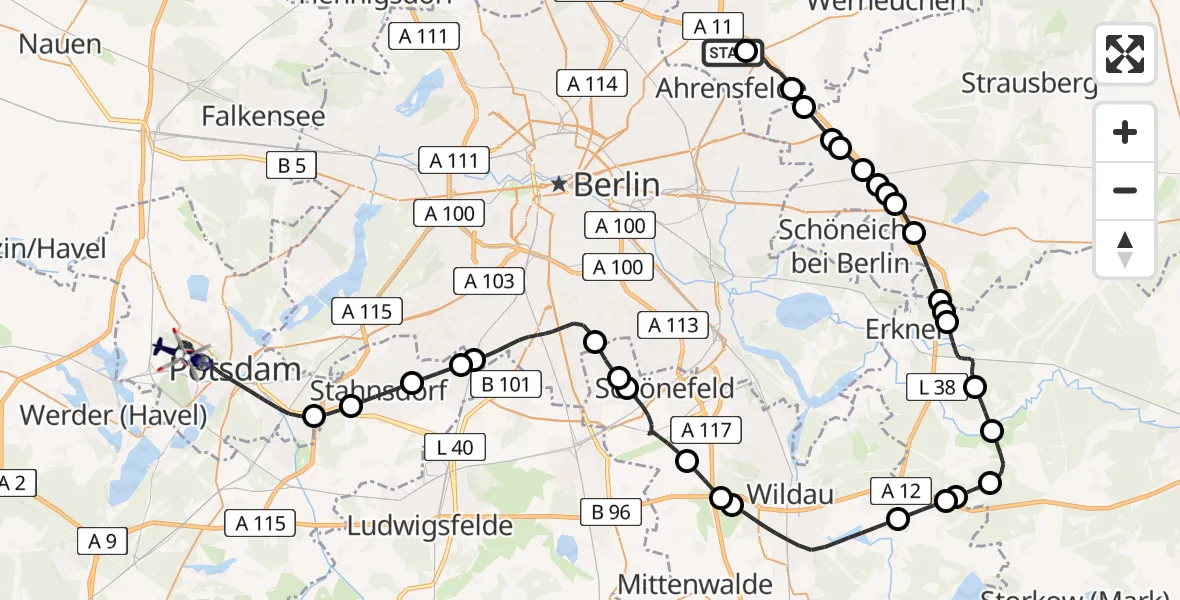 Flugroute Polizeihubschrauber Ahrensfelde Heliport - Potsdam, 19 Februar 2026, 11:57