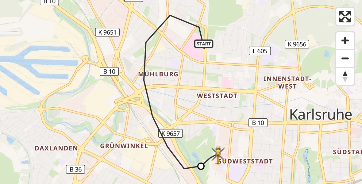 Flugroute Rettungshubschrauber Karlsruhe - Sankt Vincentius Hospital Heliport, 19 Februar 2026, 12:06