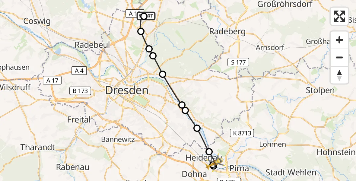 Flugroute Rettungshubschrauber Dresden Federal Police Heliport - Pirna, 19 Februar 2026, 12:15