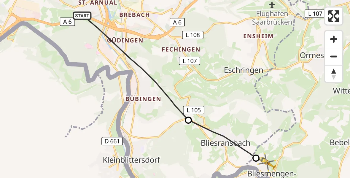 Flugroute Rettungshubschrauber Saarbrücken - Bliesmengen-Bolchen, 19 Februar 2026, 12:21