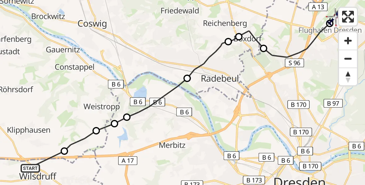 Flugroute Polizeihubschrauber Wilsdruff - Dresden Airport, 19 Februar 2026, 12:24