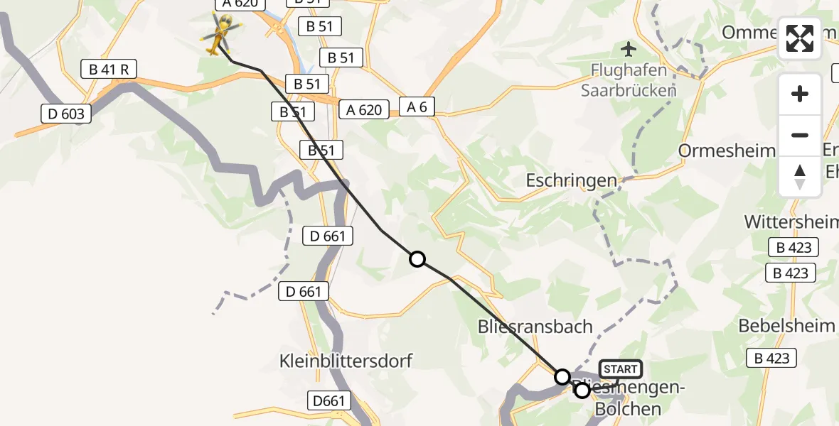 Flugroute Rettungshubschrauber Bliesmengen-Bolchen - Saarbrücken, 19 Februar 2026, 12:49