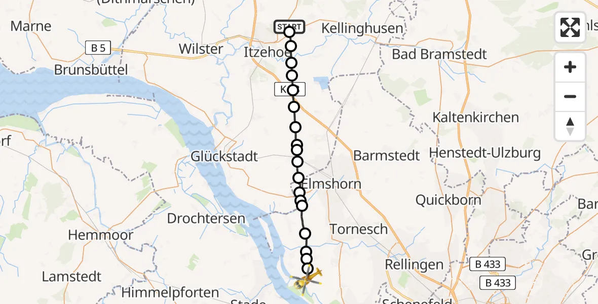 Flugroute Rettungshubschrauber Schlotfeld - Haseldorf, 19 Februar 2026, 12:50