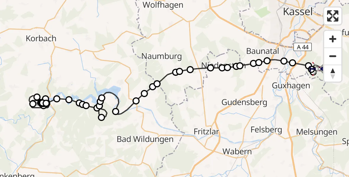 Routekaart van de vlucht: Polizeihubschrauber nach Wellerode, X3 Ars Natura