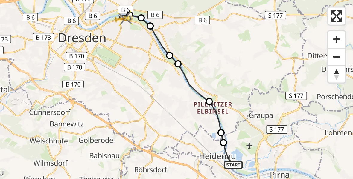 Flugroute Rettungshubschrauber Pirna - Dresden Elbwiesen Heliport, 19 Februar 2026, 12:56