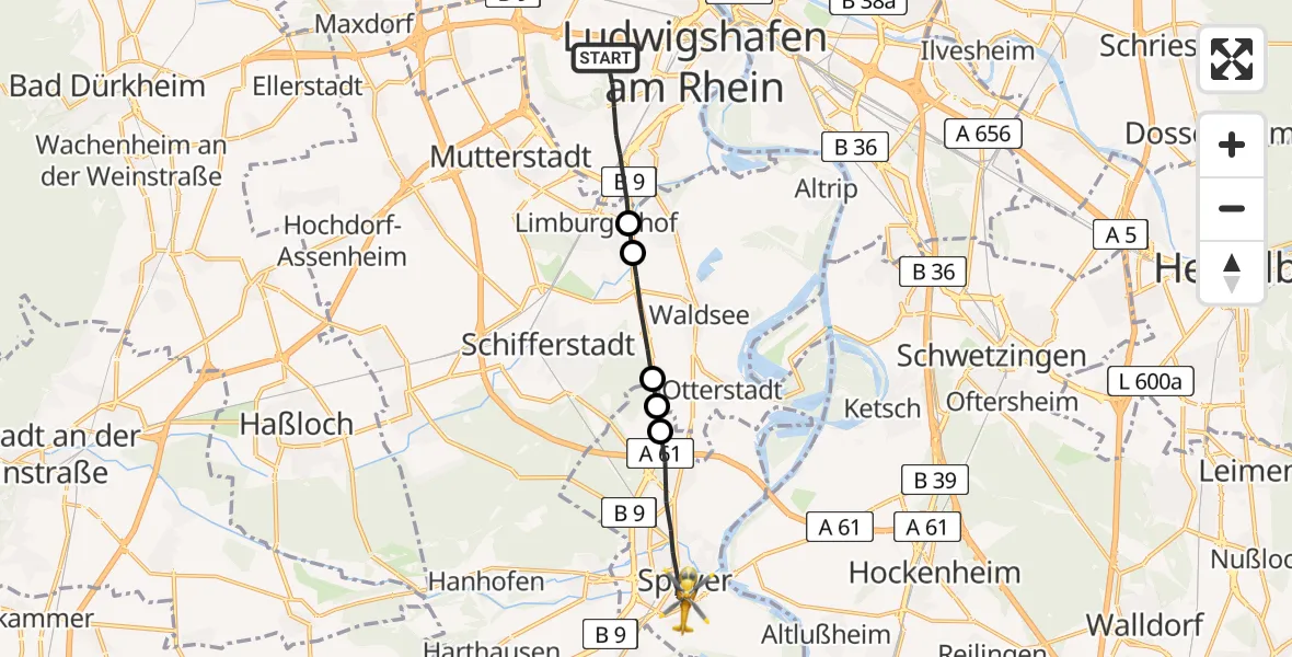 Flugroute Rettungshubschrauber Ludwigshafen am Rhein - Speyer, 19 Februar 2026, 13:00