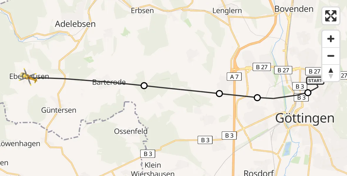 Flugroute Rettungshubschrauber Göttingen University Clinic Heliport - Adelebsen, 19 Februar 2026, 13:00