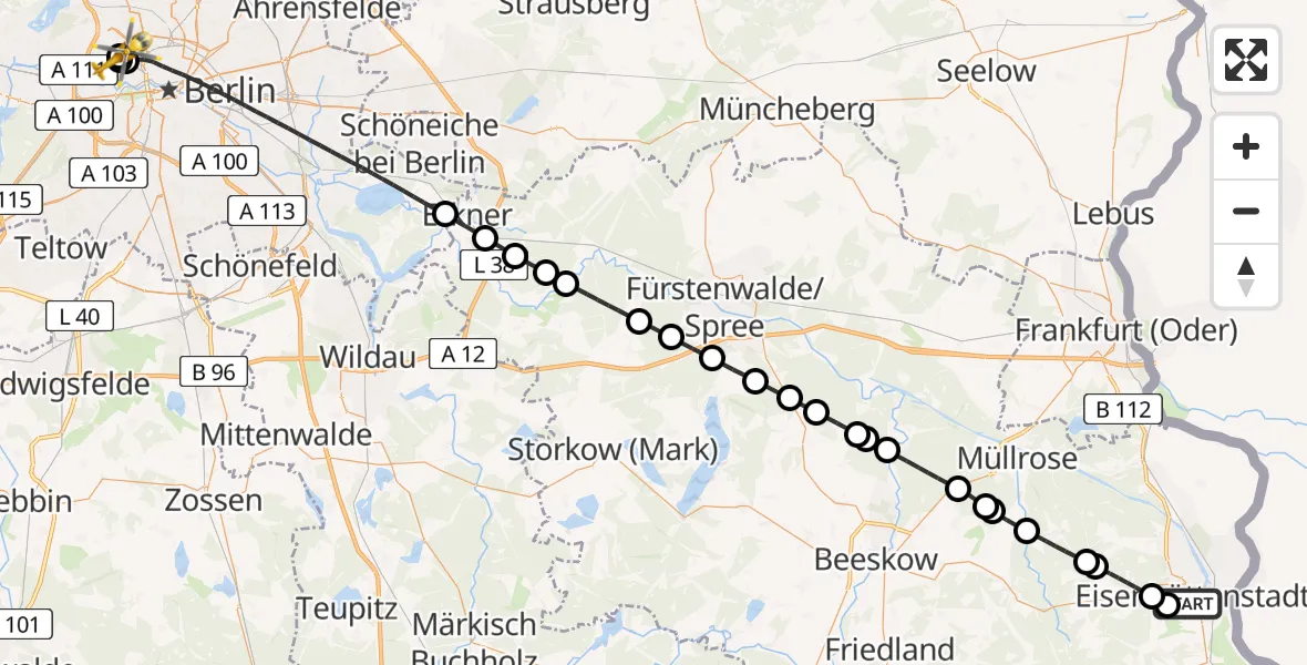 Flugroute Rettungshubschrauber Eisenhüttenstadt - Charité Clinic Virchow Campus Heliport, 19 Februar 2026, 13:13