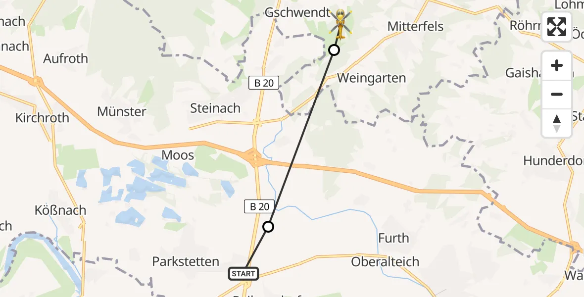 Flugroute Rettungshubschrauber Reibersdorf - Gschwendt, 19 Februar 2026, 13:17