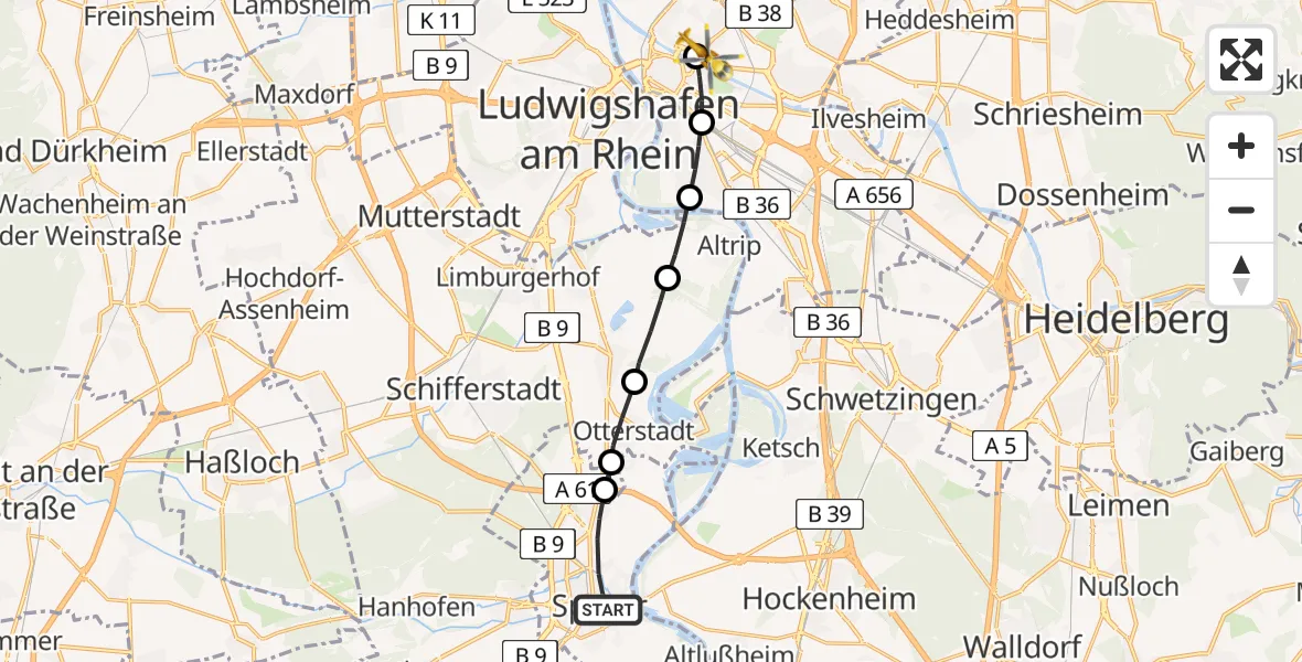 Flugroute Rettungshubschrauber Speyer - Neckarstadt-Ost/Wohlgelegen, 19 Februar 2026, 13:29