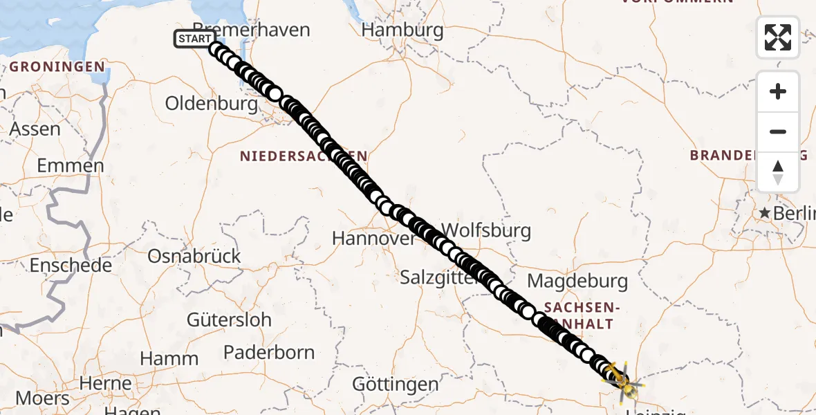 Flugroute Ambulanzhubschrauber Wilhelmshaven - Halle-Oppin Airfield, 19 Februar 2026, 13:44