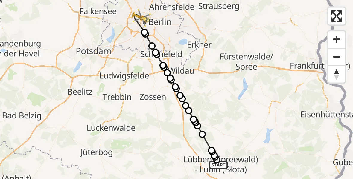 Flugroute Ambulanzhubschrauber Lübben (Spreewald) - Berlin, 19 Februar 2026, 13:48