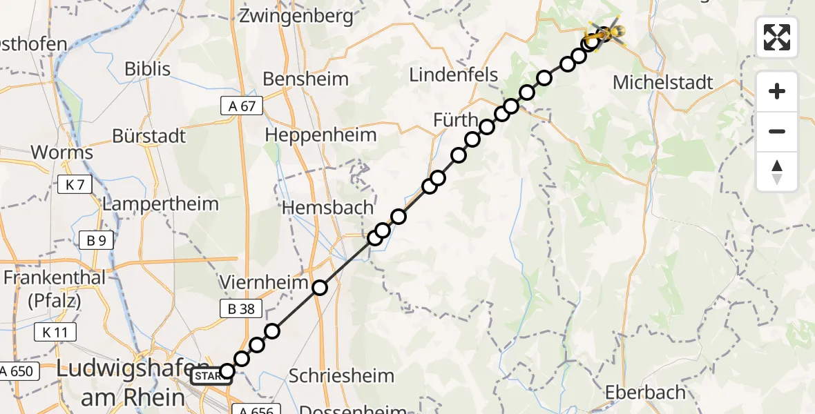 Flugroute Rettungshubschrauber Mannheim-City Airport - Rehbach, 19 Februar 2026, 13:50