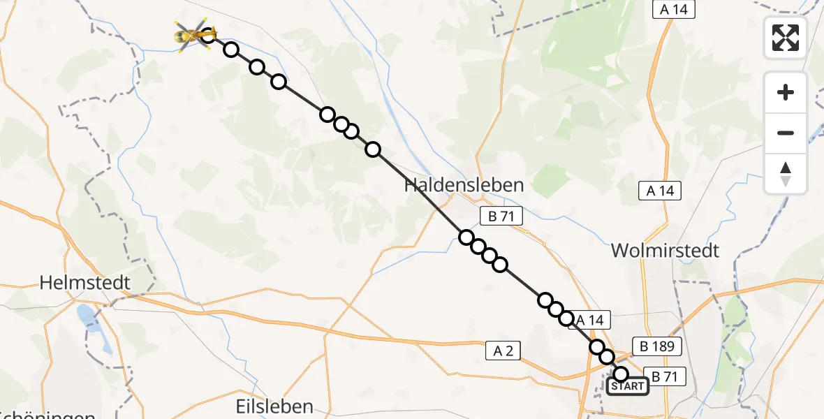 Flugroute Rettungshubschrauber Magdeburg Hospital Heliport - Kathendorf, 19 Februar 2026, 14:05