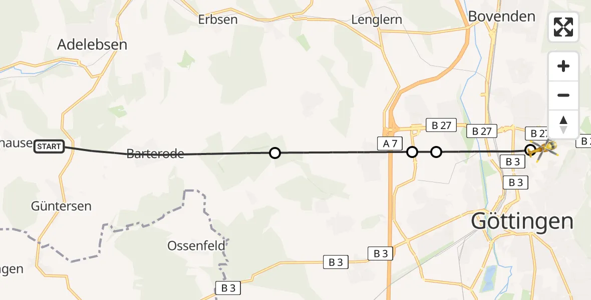 Flugroute Rettungshubschrauber Adelebsen - Göttingen University Clinic Heliport, 19 Februar 2026, 14:11