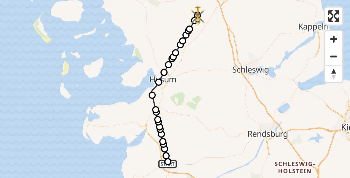 Flugroute Rettungshubschrauber Heide - Großenwiehe, 19 Februar 2026, 14:25