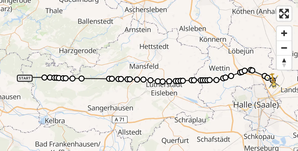 Flugroute Ambulanzhubschrauber Südharz - Halle-Oppin Airfield, 19 Februar 2026, 14:44