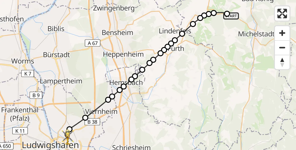 Flugroute Rettungshubschrauber Rehbach - Neckarstadt-Ost/Wohlgelegen, 19 Februar 2026, 14:51