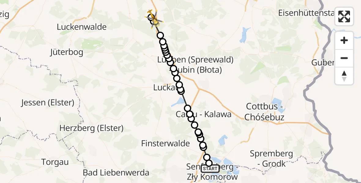 Flugroute Rettungshubschrauber ADAC Air Rescue Station Senftenberg Heliport - Teupitz, 19 Februar 2026, 14:57