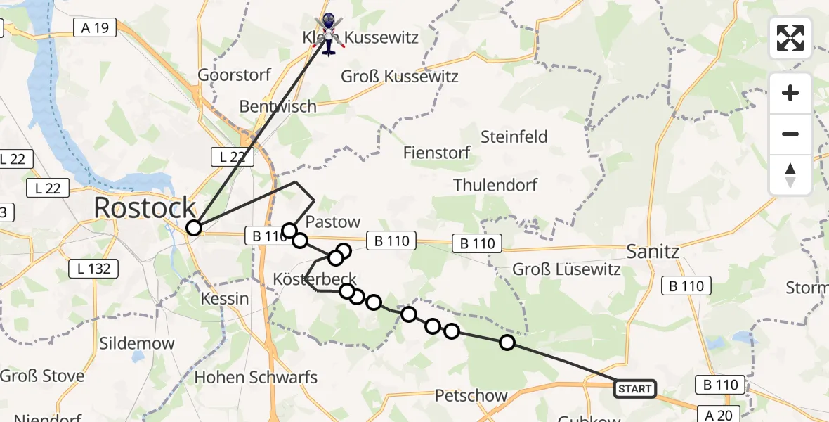 Flugroute Polizeihubschrauber Gubkow - Häschendorf, 19 Februar 2026, 14:58