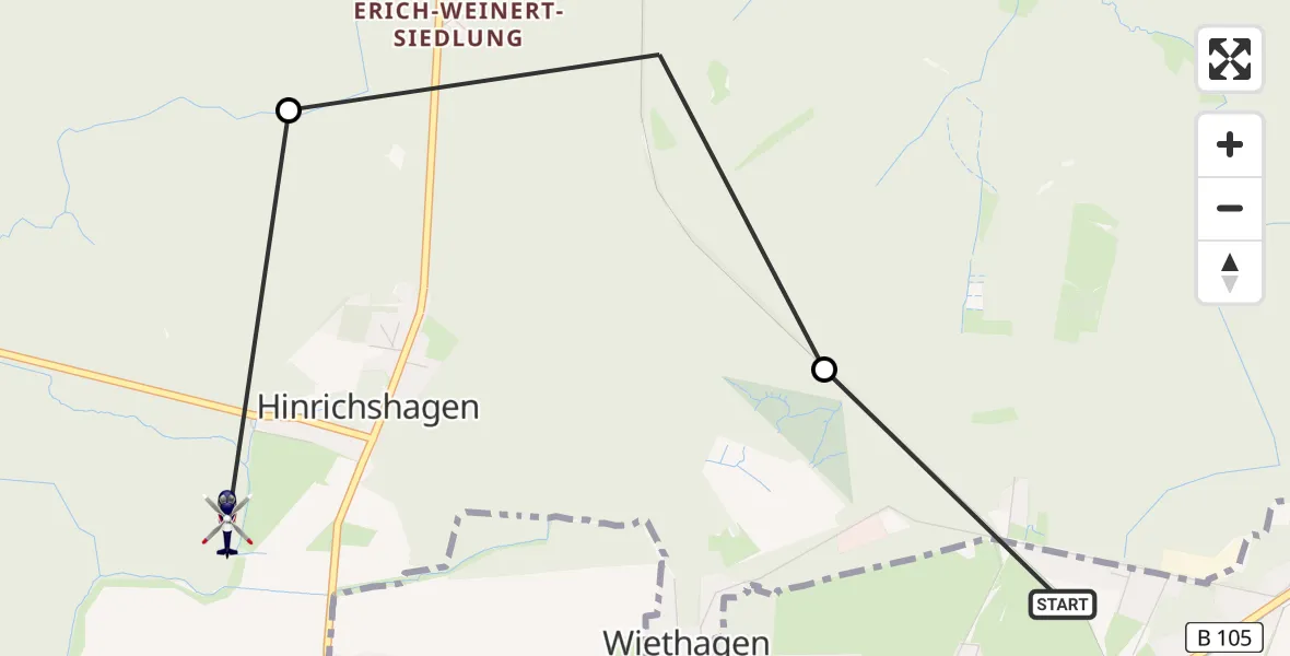 Flugroute Polizeihubschrauber Wiethagen - Ortsbeirat 18 : Gehlsdorf, Hinrichsdorf, Jürgenshof, Krummendorf, Nienhagen, Peez, Stuthof, 19 Februar 2026, 15:10