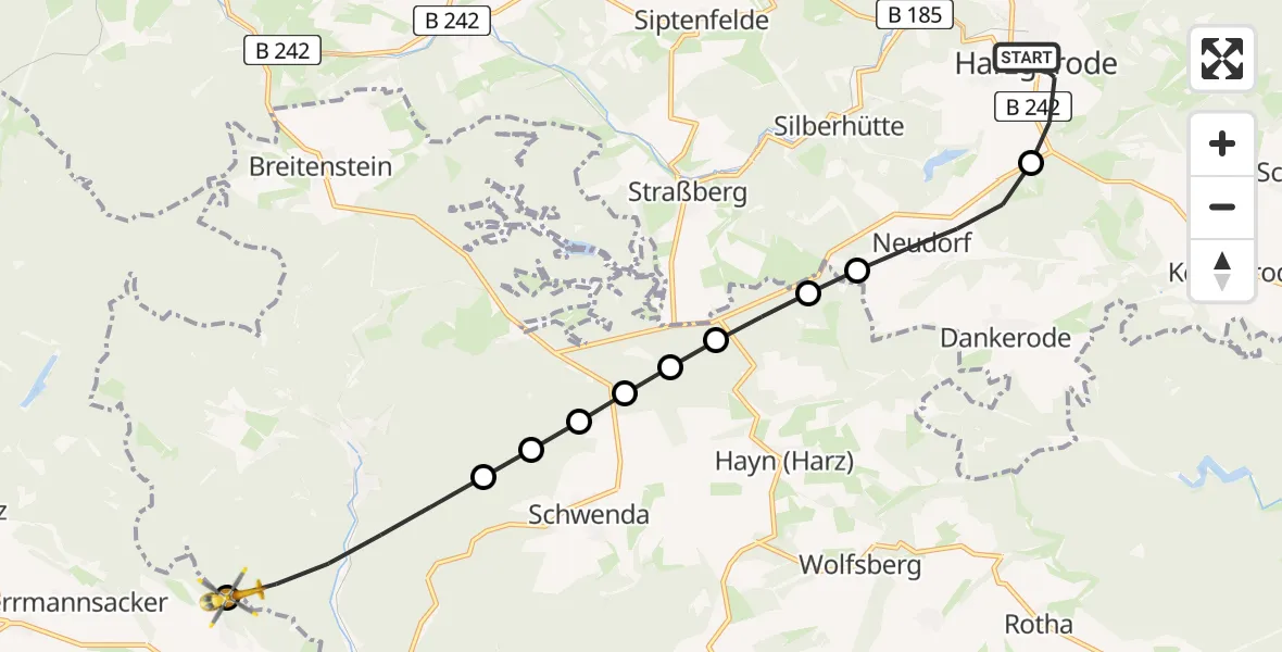 Flugroute Rettungshubschrauber Harzgerode - Rodishain, 19 Februar 2026, 15:12