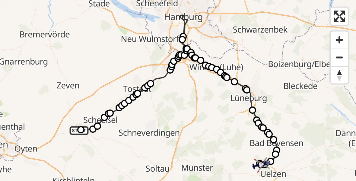 Flugroute Polizeihubschrauber Rotenburg (Wümme) Airfield - Uelzen, 19 Februar 2026, 15:14