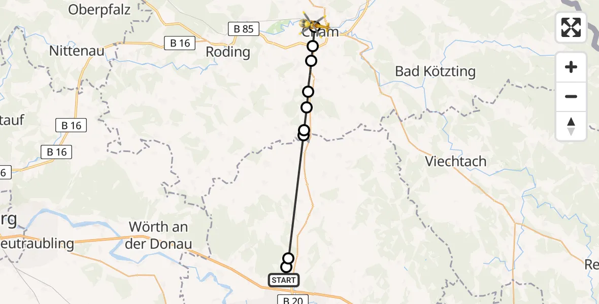 Flugroute Rettungshubschrauber Moos - Cham Hospital Heliport, 19 Februar 2026, 15:25