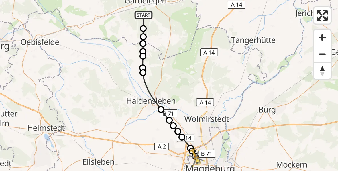 Flugroute Rettungshubschrauber Gardelegen - Magdeburg Hospital Heliport, 19 Februar 2026, 15:58