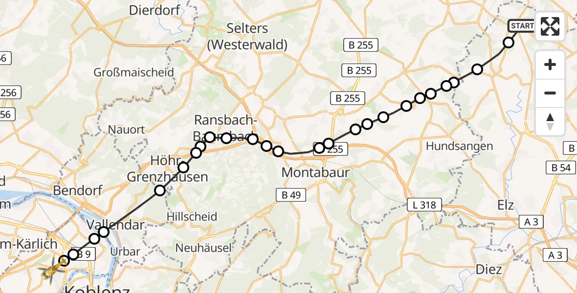 Flugroute Rettungshubschrauber Langendernbach - Koblenz, 19 Februar 2026, 16:04